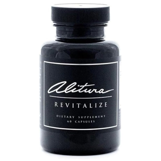 Black dietary supplement bottle labeled 'Alitiva Revitalize' on a white background
