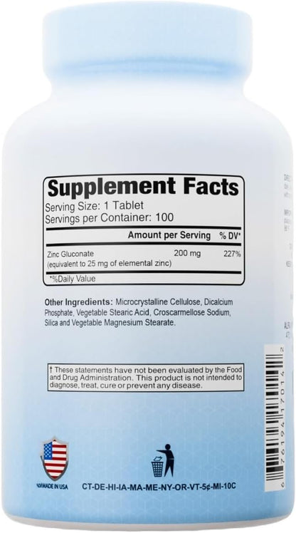 Zinc Gluconate 200 mg by Alfa Vitamins - Boost Immune System - Promote Healthy Skin - 100 Tablets