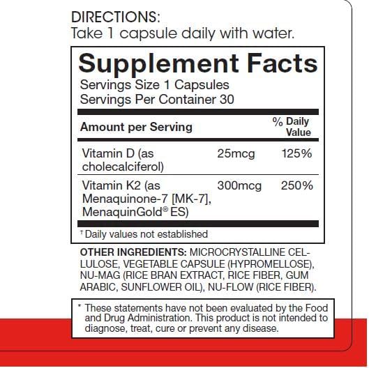 Silver Fern Vitamin K2-D3 Supplement Brand - Natural, Non-Synthetic - K2-7 | Menaquinone-7 (MK-7) - D3 as cholecalciferol - Bone, Heart & Energy Support (1 Bottle - 30 Capsules - 30 Servings)