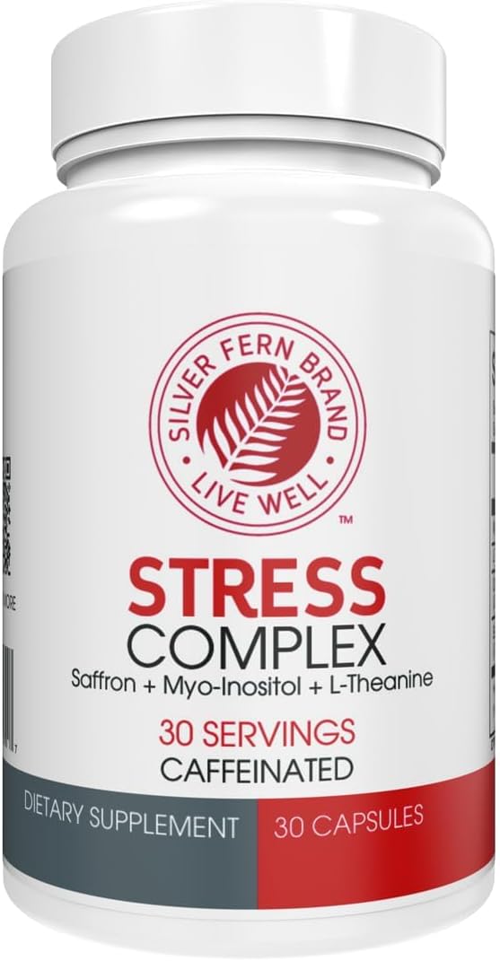 Silver Fern Stress Complex Supplement - with Caffeine - Sleep, Worry | Mood & More with Saffron Supplements, L-Theanine Supplement, and Myo inositol Natural Stress Relief Supplements 30 Servings