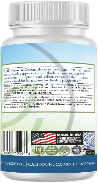 PURE® Turmeric Curcumin 750 mg - 180 Vegetable Capsules - Standardized to 95% Curcuminoids with BioPerine Black Pepper Extract - Antioxidant & Metabolic Support - Non-GMO, Made in USA