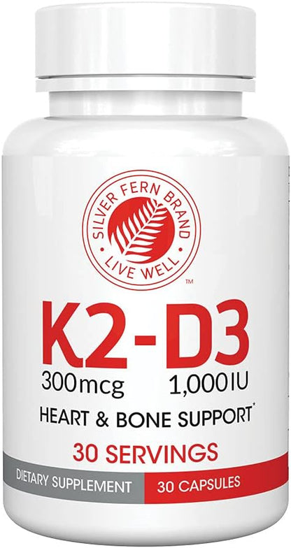 Silver Fern Vitamin K2-D3 Supplement Brand - Natural, Non-Synthetic - K2-7 | Menaquinone-7 (MK-7) - D3 as cholecalciferol - Bone, Heart & Energy Support (1 Bottle - 30 Capsules - 30 Servings)