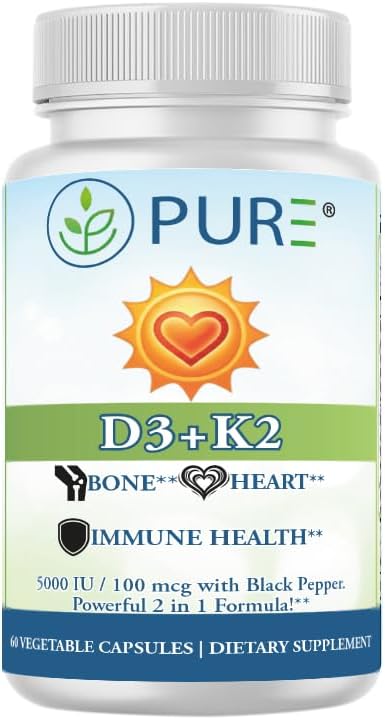 PURE® Vitamin D3 + K2 (MK-7) Supplement - 5000 IU (125mcg) D3 & 100mcg K2-60 Vegetable Capsules - with BioPerine® for Maximum Absorption - Immune, Bone & Heart Health Formula - Made in USA