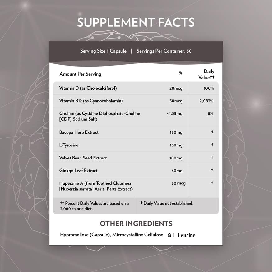 TERRA ORIGIN Healthy Mind and Memory Support Supplement | Cognitive Memory Matrix | Nootropic CDP, Bacopa, L-Tyrosine, Huperzine A, Ginko, B12 | Non GMO, Gluten Free, Dairy Free | 30 Capsules