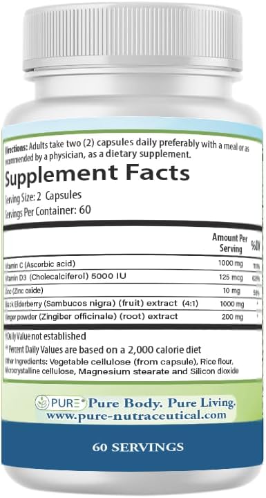 PURE® 5 in 1 Immune Formula - 120 Capsules - Black Elderberry 100 mg, Vitamin C 1000 mg, Vitamin D3 125 mcg (5000 IU), Zinc & Ginger Root - All-in-One Seasonal Defense Shield - Antioxidant Support USA