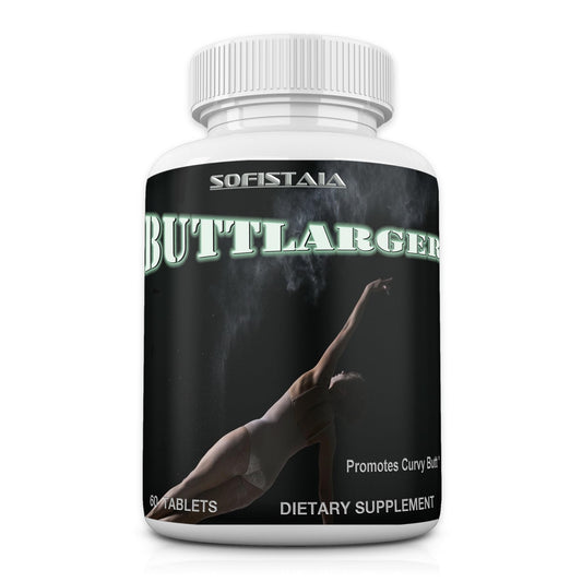 Dietary supplement bottle labeled 'ButtLarger' by Sofistaia on a white background