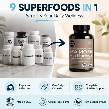 Sea Moss Capsules – Irish Sea Moss with Black Seed Oil, Ashwagandha, Moringa, Ginseng & Ginger for Energy, Vitality & Wellness – Seamoss Nutritional Supplement – Made in USA – 60 Capsules