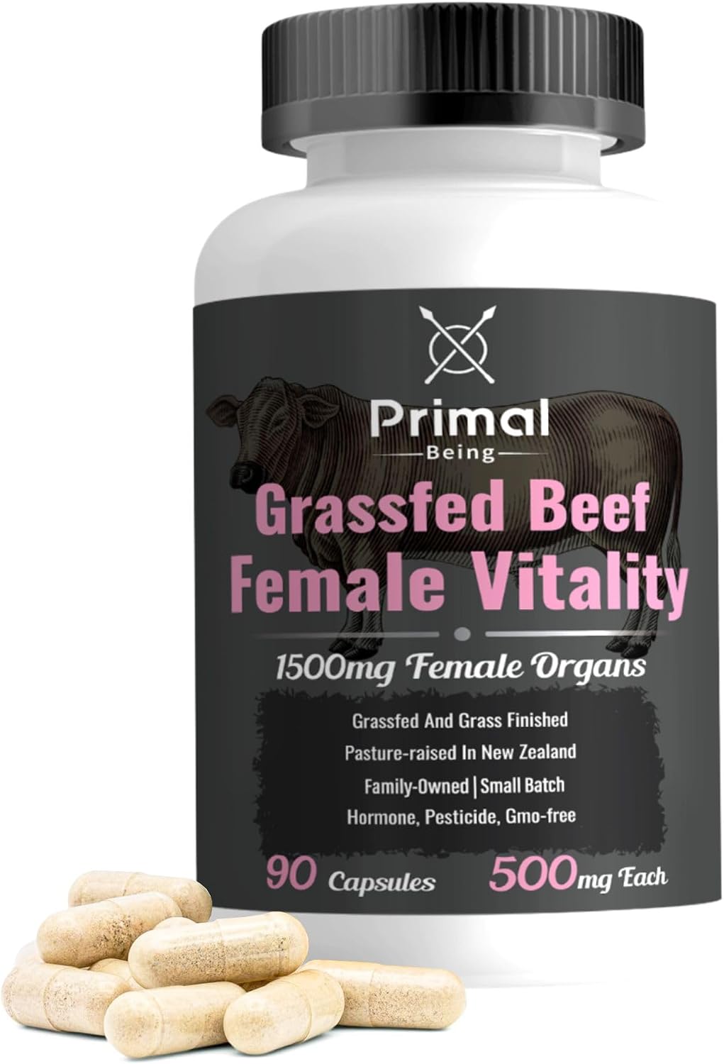 Primal Being Grassfed Beef Female Vitality Supplement- Supports Hormonal Health, Fertility, Inflammation, Energy - 90 Capsules, 1500mg per Serving