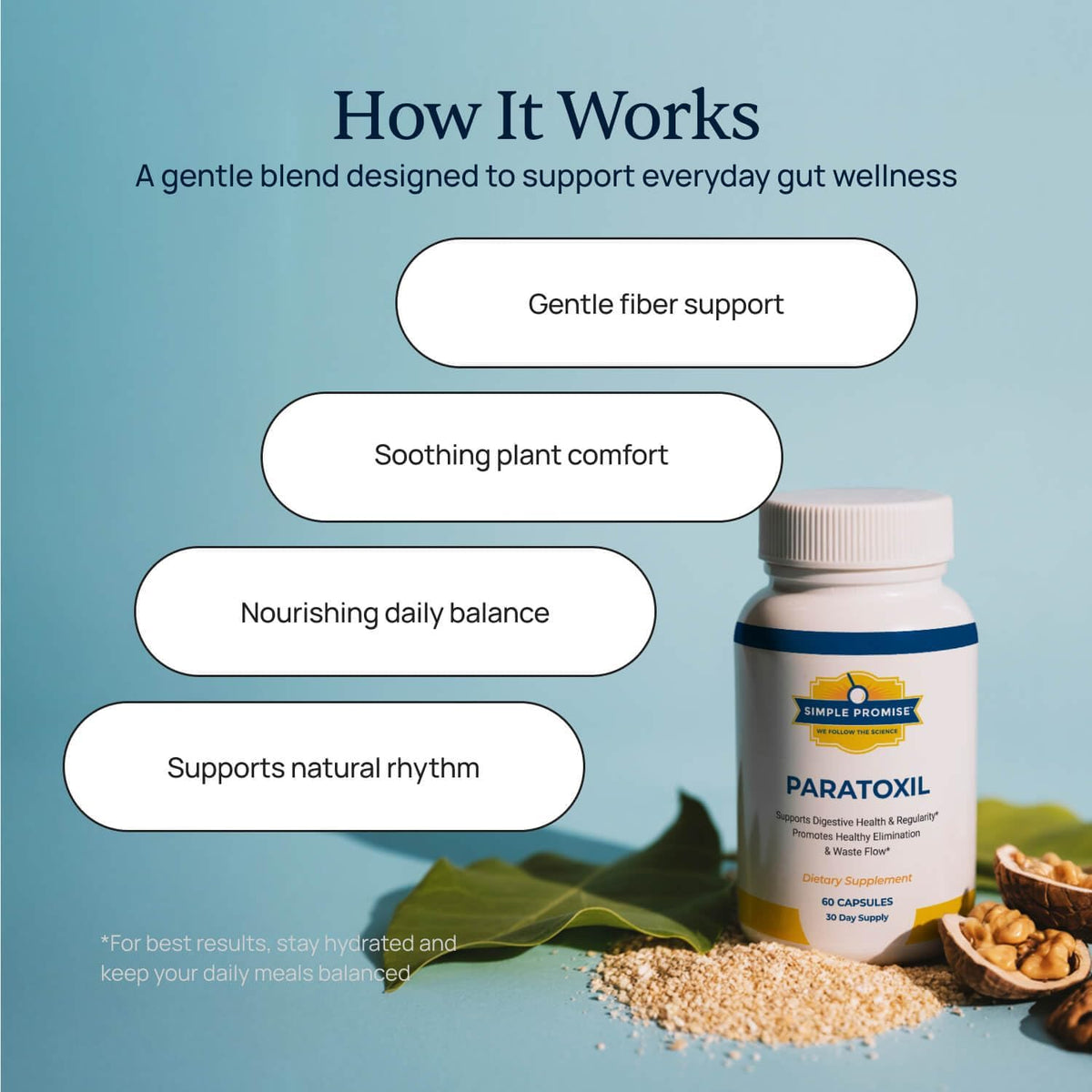 Paratoxil - Psyllium Husk Fiber Capsules for Gut Cleanse - Black Walnut | Gentle Fiber Supplement, For Digestive Comfort, With Slippery Elm and Chlorella, Two Capsules Daily, Vegan