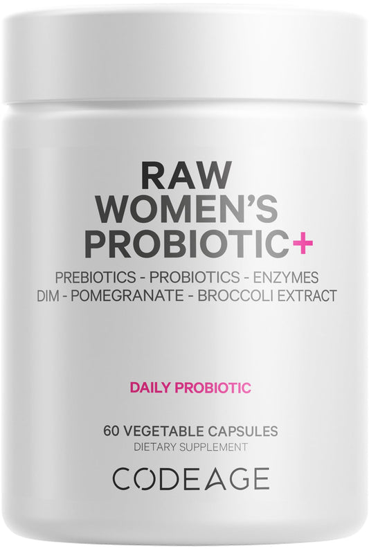 Codeage Raw Women’s Probiotic+ Supplement - 34 Probiotic Strains, 100 Billion CFUs, Digestive Enzymes, Prebiotic Blend, DIM, Herbal Extracts, Phytonutrients - Non-GMO - 30 Capsules CodeageBuy Supplements Australia