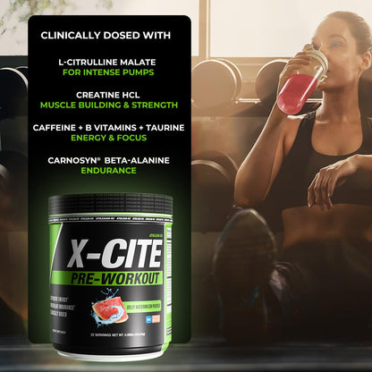 X-CITE Pre-Workout by ATHLEAN-X - Enhanced Formula with Beta-Alanine, Creatine & Caffeine for Ultimate Energy, Endurance, Focus & Muscle Pump, NSF Certified for Sports (Cherry Lemon Ice)