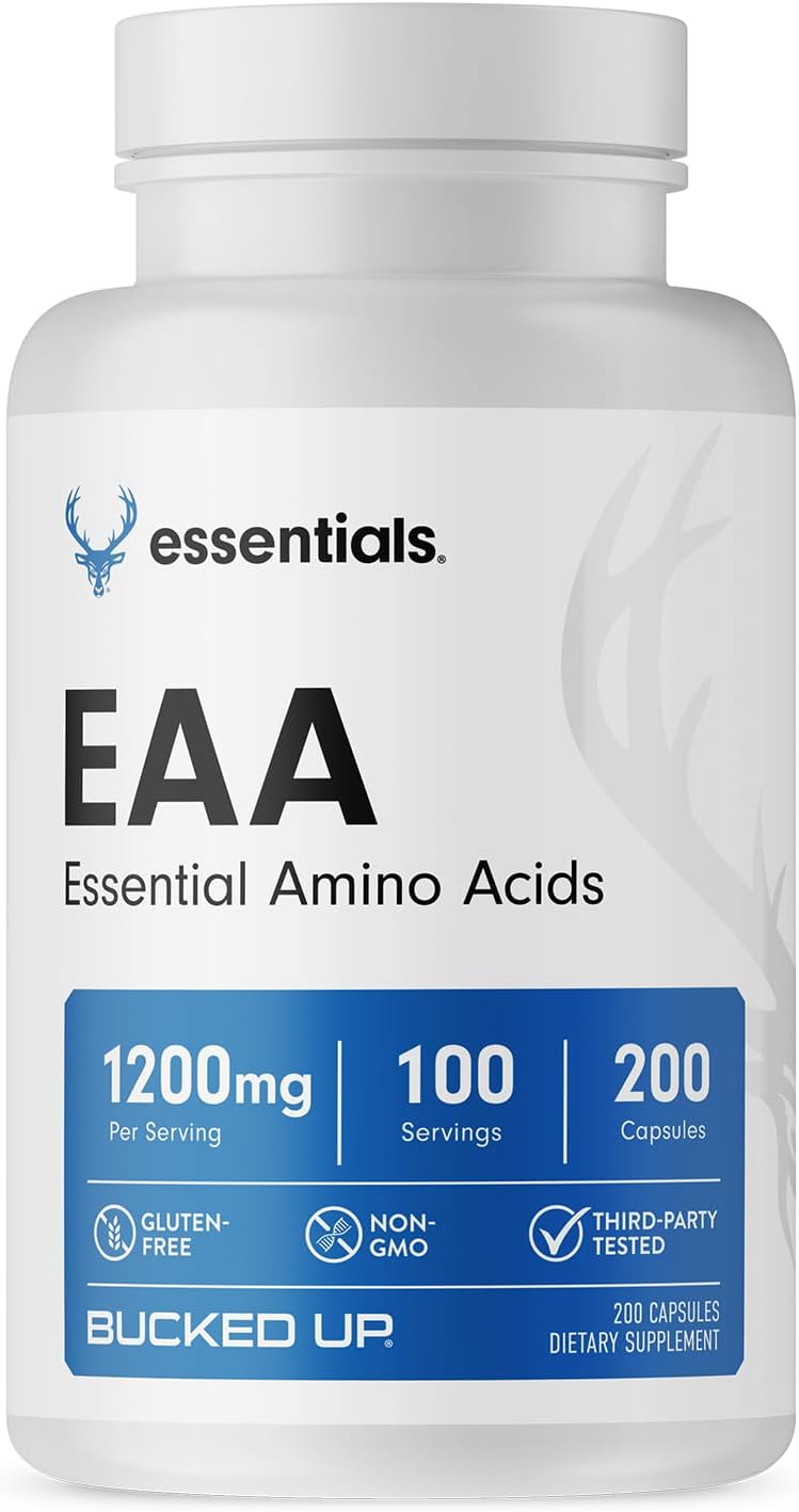 Bucked Up EAA Capsules - Essential Amino Acids Supplement | 1200mg Per Serving | On the Go | Gluten-Free, Non-GMO, Third-Party Tested | 100 Servings (200 Capsules)