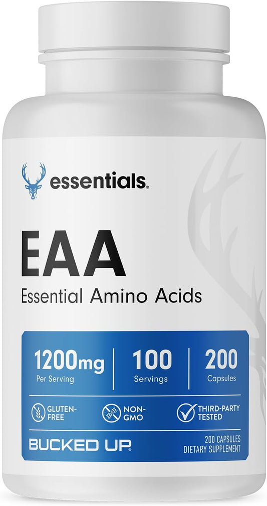 Bucked Up EAA Capsules - Essential Amino Acids Supplement | 1200mg Per Serving | On the Go | Gluten-Free, Non-GMO, Third-Party Tested | 100 Servings (200 Capsules)