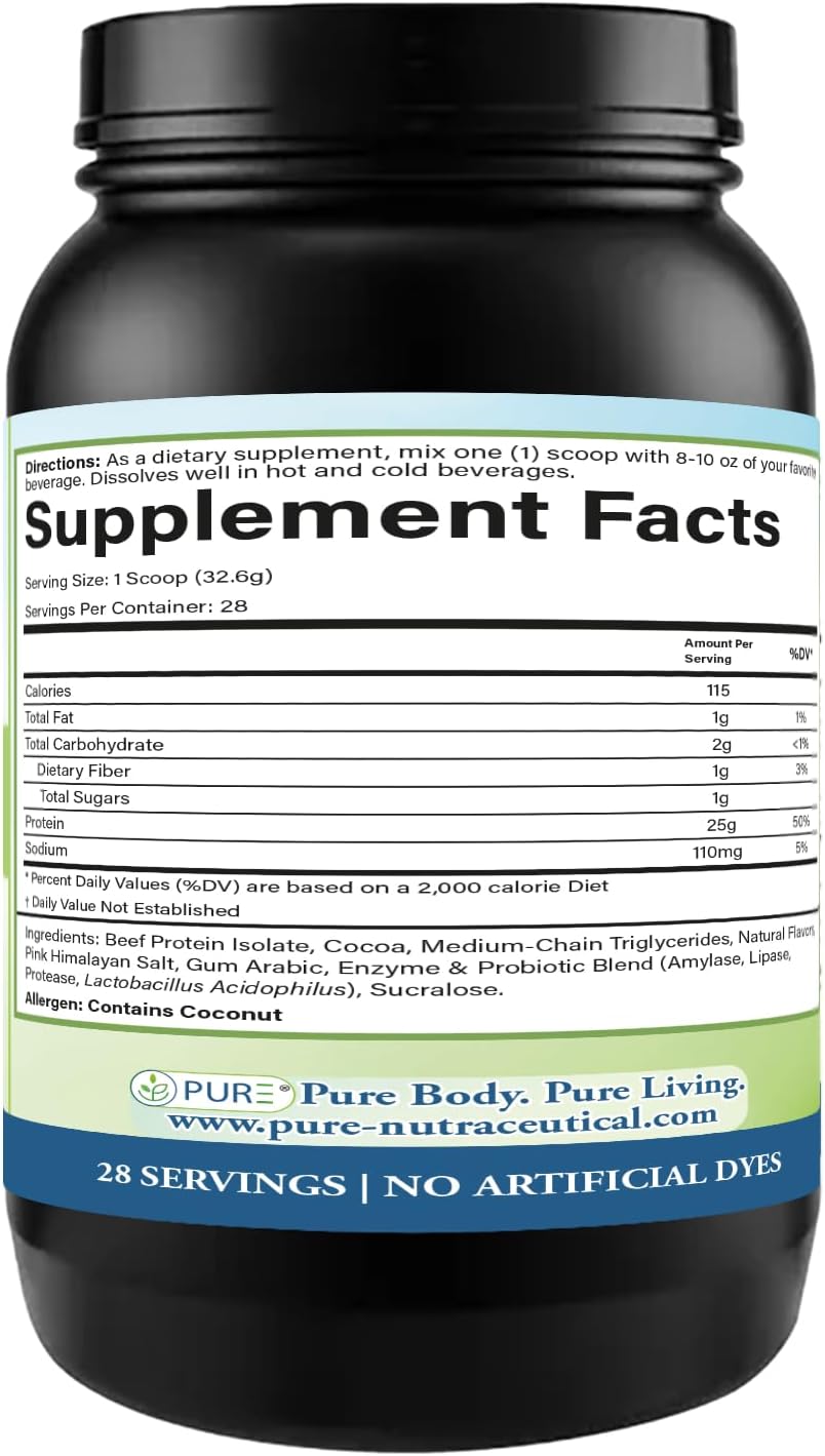 PURE® Grass-Fed Beef Protein Isolate Powder - 25g Protein, 28 Servings - Dairy-Free Paleo & Keto Friendly Protein with MCT Oil, Probiotics & Natural Collagen - No Whey or Lactose - Chocolate 913 Grams