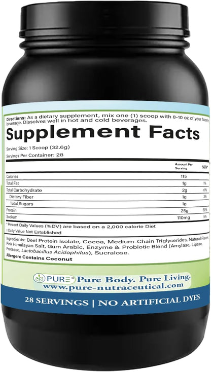 PURE® Grass-Fed Beef Protein Isolate Powder - 25g Protein, 28 Servings - Dairy-Free Paleo & Keto Friendly Protein with MCT Oil, Probiotics & Natural Collagen - No Whey or Lactose - Chocolate 913 Grams