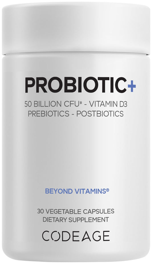 Codeage Probiotic+ 50 Billion CFU** Supplement - 12-Strain Probiotic Blend, Organic Prebiotic Fiber, Postbiotics, Vitamin D3, Zinc Bisglycinate, Quercetin - for Men & Women - Non-GMO - 30 Capsules CodeageBuy Supplements Australia