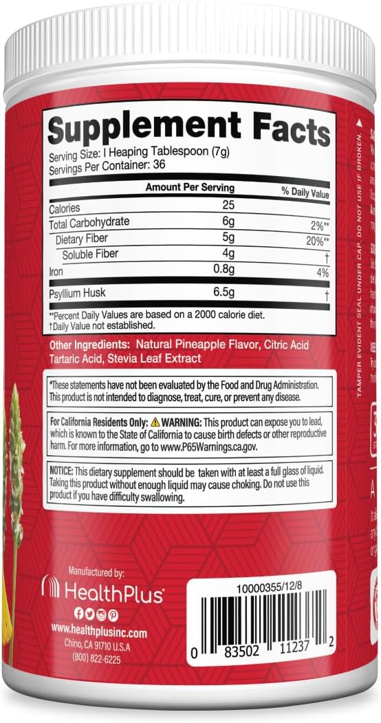 Health Plus Colon Cleanse Fiber Powder, Pineapple Flavor, 9 oz, 36 Servings | No artificial flavors; daily fiber with psyllium husk that supports natural detoxification and regularity