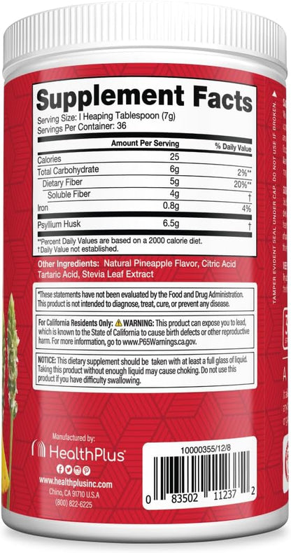 Health Plus Colon Cleanse Fiber Powder, Pineapple Flavor, 9 oz, 36 Servings | No artificial flavors; daily fiber with psyllium husk that supports natural detoxification and regularity