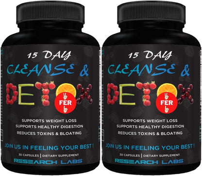 Research Labs 15 Day Colon Cleanse & Detox for Less Bloat Flat Tummy w/Probiotics - 2 Fer 1 - Constipation Relief - Flushes Toxins, Boosts Energy. Clinically Researched Safe and Effective Formula