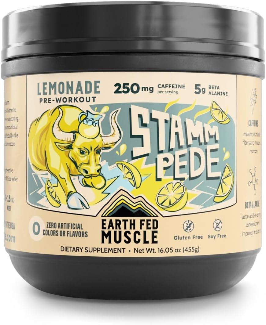 Earth Fed Muscle Stammpede Lemonade Pre Workout, Third-Party Certified. 250mg Caffeine, Lemonade - 5g Beta Alanine, Citrulline Malate, Taurine - Soy Free, Gluten Free - 16 oz, 26 Servings | Third-Party Certified, 250mg Caffeine, 5g Beta Alanine, Citrullin
