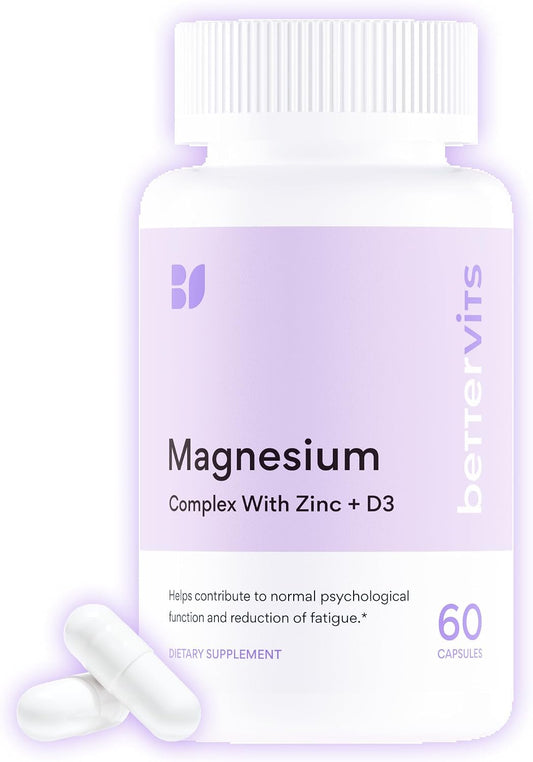 Bettervits Magnesium Glycinate Complex with Citrate Malate Zinc & Vitamin D3 | High Absorption Pure Magnesium 225mg Supplement Chelated Formula for Muscle Relaxation, Sleep Support – 60 Capsules