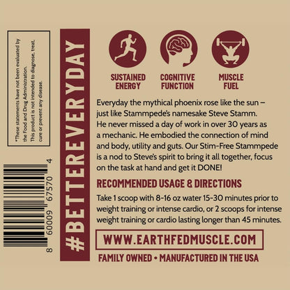 Earth Fed Muscle Stammpede Lemonade Pre Workout, Third-Party Certified. 250mg Caffeine, Lemonade - 5g Beta Alanine, Citrulline Malate, Taurine - Soy Free, Gluten Free - 16 oz, 26 Servings | Third-Party Certified, 250mg Caffeine, 5g Beta Alanine, Citrullin