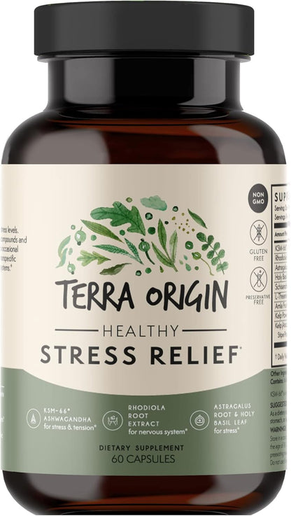 TERRA ORIGIN Healthy Stress Supplement | 60 Capsules | KSM-66 Organic Ashwagandha, L-Theanine, Rhodiola Extract, Astragalus Root and Holy Basil | Stress and Mood Support