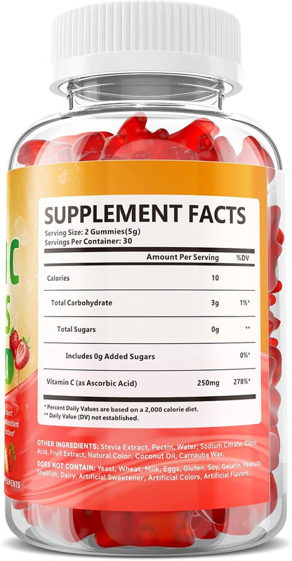 Vitamin C Gummies for Adults, Immune Support Supplement for Energy, 60 Ct | Antioxidant Protection, Non-GMO, Vegan, Sugar-Free, Strawberry Flavor