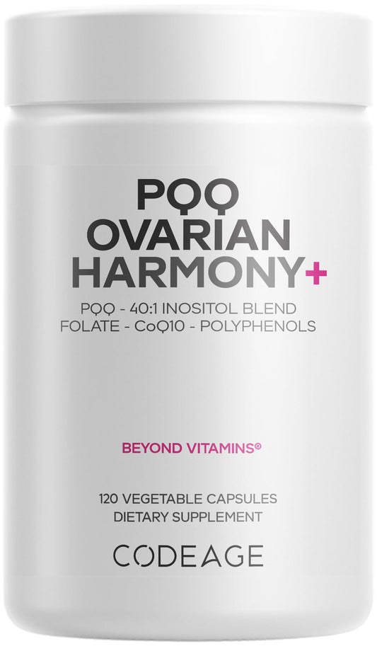 Codeage PQQ Ovarian Harmony+ Supplement - PQQ (Pyrroloquinoline Quinone), Myo-Inositol & D-Chiro-Inositol 40:1 Blend, Folate 5-MTHF, CoQ10, Wild Blueberry - Liposomal Delivery - Non-GMO - 120 Capsules CodeageBuy Supplements Australia