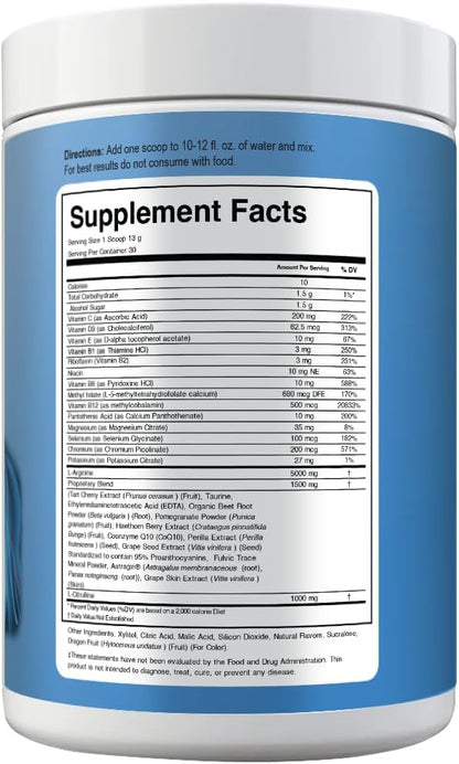 L-Arginine 5000mg & L-Citrulline 1000mg Combo+® - Mixed Berry, 30 Servings, 390g Nitric Oxide Booster Drink Mix Powder - CoQ10 & Organic Beet Root - High Potency Heart & Circulation Support USA