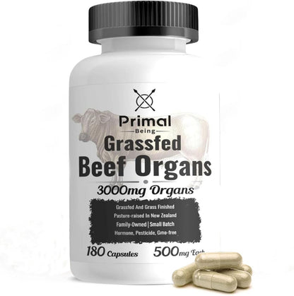 Primal Being Grassfed Beef Organ Complex - Liver, Heart, Pancreas, Spleen, & Kidney- Supports Overall Health & Performance - 180 Capsules, 3000mg per Serving