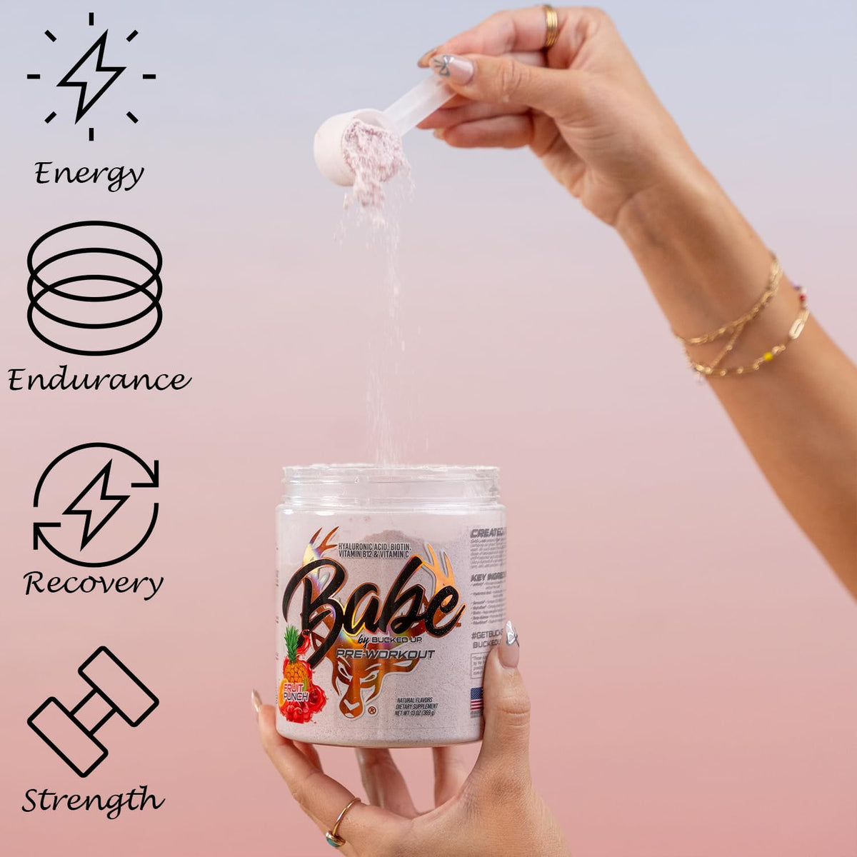 Bucked Up Babe Pre Workout Powder for Women | Fruit Punch | 6g Citrulline, 2g Beta-Alanine, 100mg Hyaluronic Acid, 5mg Biotin and 5 Other Registered trademarked Ingredients | 30 Servings | 13 OZ