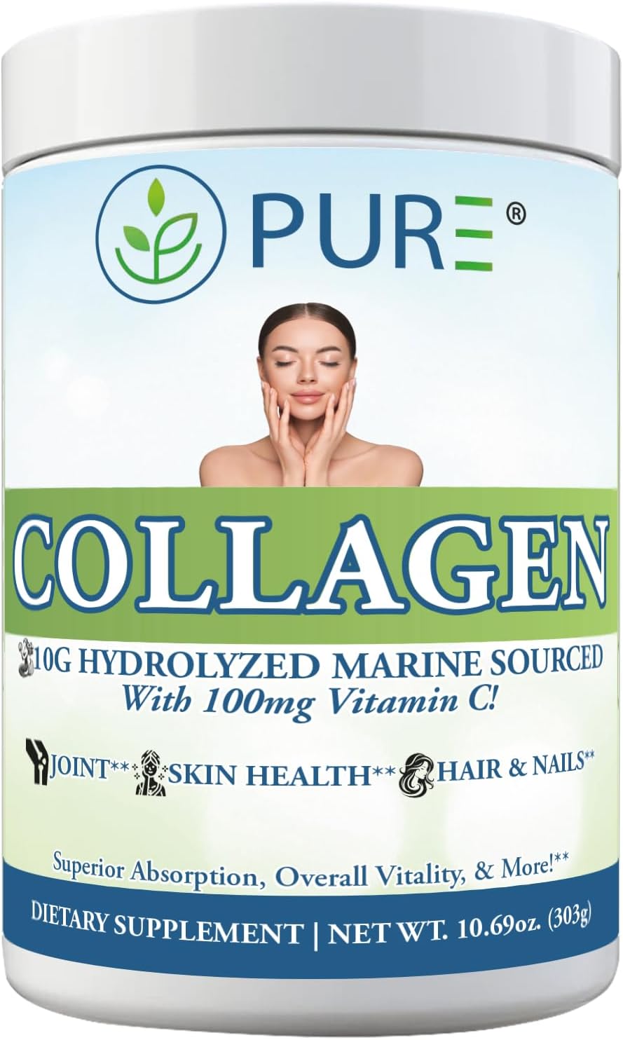 PURE® Hydrolyzed Marine Collagen Powder - 10g Collagen per Serving - 30 Servings Unflavored - with 100mg Vitamin C for Maximum Absorption - Skin, Hair, Nail & Joint Support - Non-GMO, Made in USA