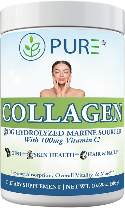 PURE® Hydrolyzed Marine Collagen Powder - 10g Collagen per Serving - 30 Servings Unflavored - with 100mg Vitamin C for Maximum Absorption - Skin, Hair, Nail & Joint Support - Non-GMO, Made in USA