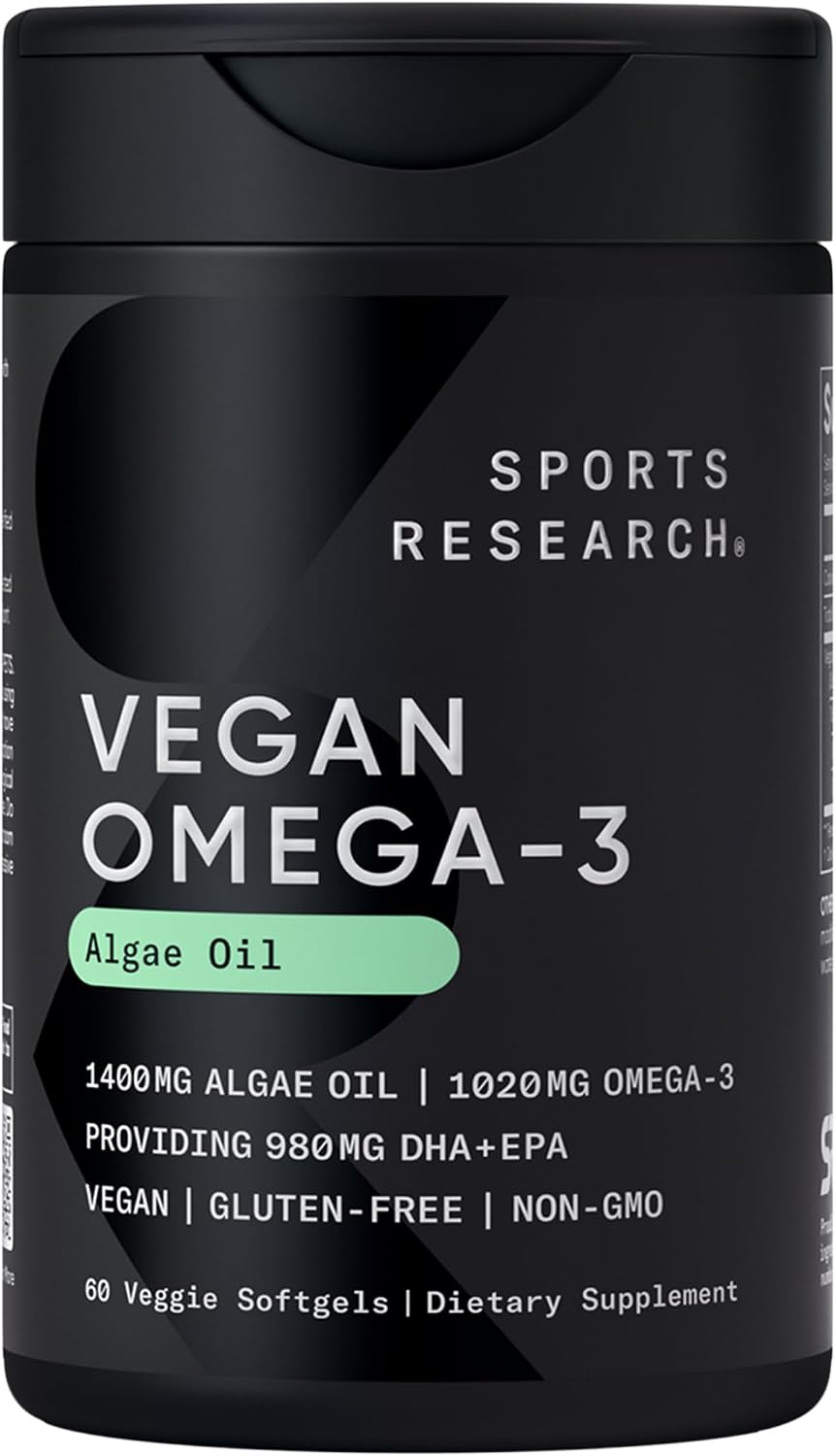 Sports Research Vegan Omega-3 Fish Oil Alternative from Algae Oil - Highest Levels of Vegan DHA & EPA Fatty Acids | Non-GMO Tested & Vegan Certified - 60 Veggie Softgels (Carrageenan Free)