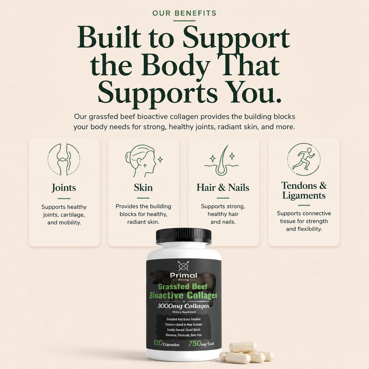 Primal Being Grassfed Beef Cartilage Collagen (Type I-V & XI)- Supports Hair, Skin, Nails, Joint Health, Immunity, Digestion, Post Exercise Recovery - 120 Capsules, 3000 mg per Serving