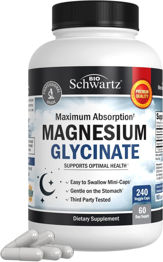 BioSchwartz Magnesium Glycinate 500mg Capsules (240 Mini Caps) Maximum Absorption Magnesium Supplement for Healthy Nerves Muscles Heart Mood and Sleep Support (Vegan, Gluten-Free, Non-GMO) BioSchwartzBuy Supplements Australia