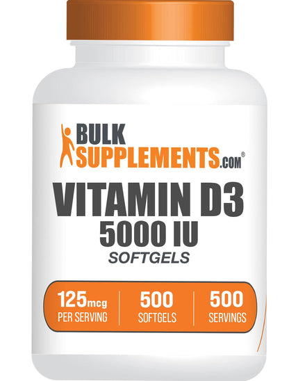 BulkSupplements.com Vitamin D3 5000IU Softgels - Cholecalciferol, D3 Supplement, Vitamin D 5000 IU - 1 Vitamin D3 Softgel (125mcg of Vitamin D) per Serving, 500 Count (Pack of 1)