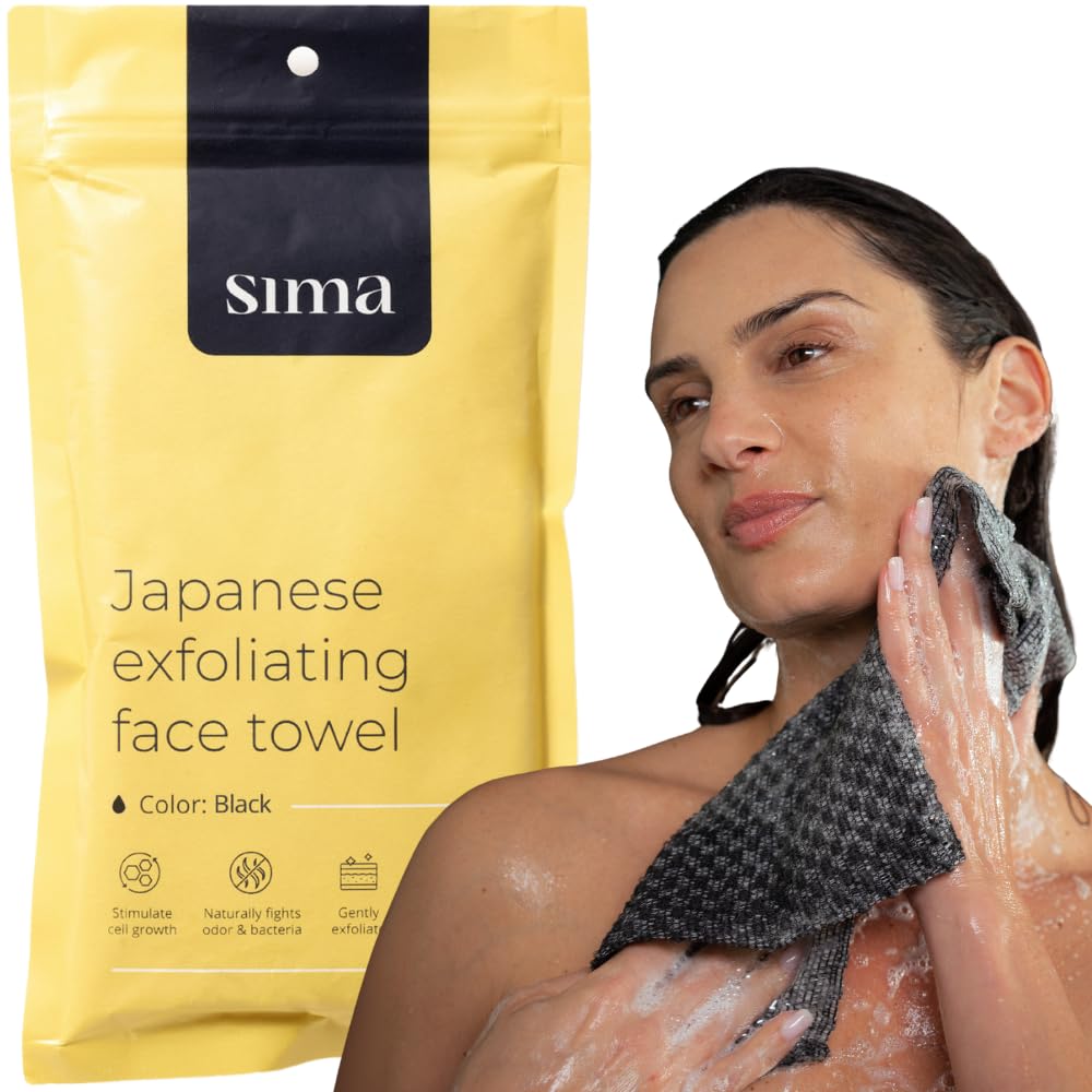 Exfoliating Washcloth Face & Body Scrub Towel - Japanese Exfoliating Towel with Hexagon Fibers, Body Scrubber with 2 Sides for Scrubbing & Washing (Black, 27cm x 35cm)