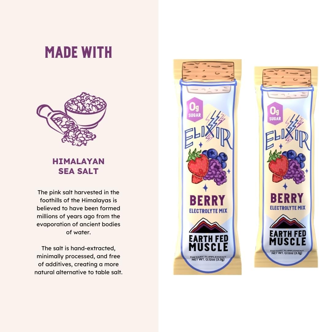Earth Fed Muscle Elixir Electrolyte Powder Packets - Berry Flavor with Himalayan Sea Salt - Sugar Free, Stevia Sweetened - 3X Electrolytes - 30 Single Serve Hydration Drink Mix Sticks