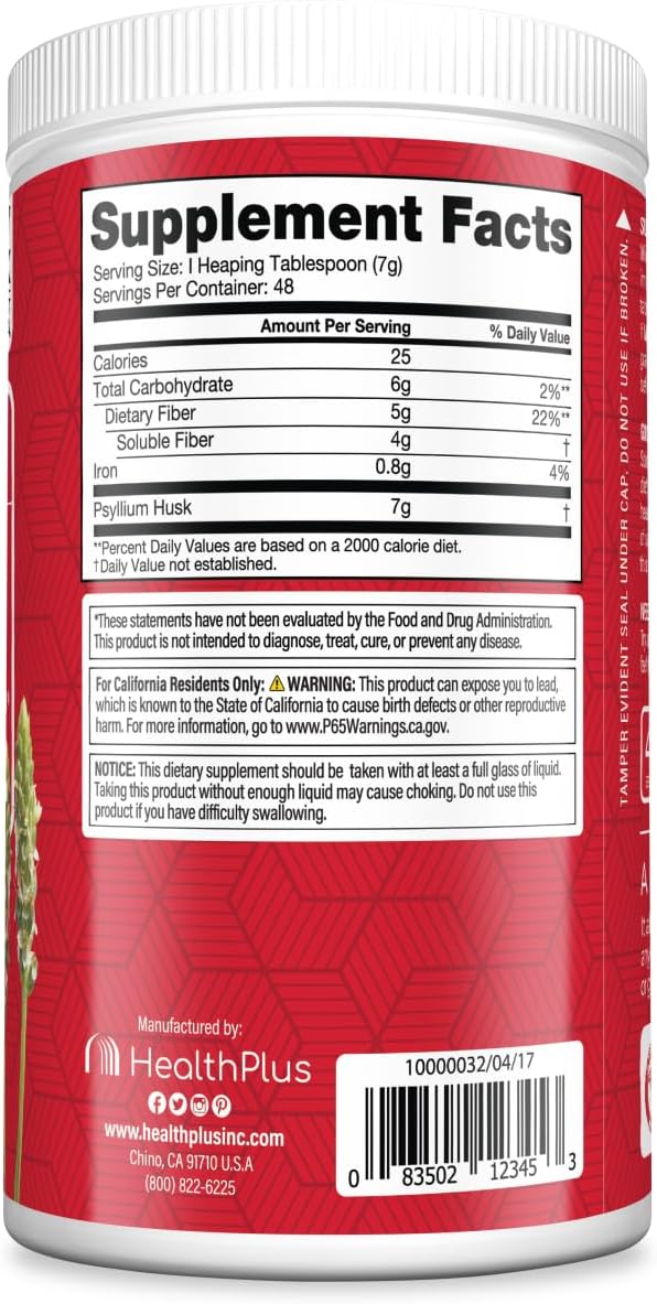 Health Plus Colon Cleanse Psyllium Husk Fiber Powder, 12 oz, 48 Servings | Gluten free daily fiber powder; supports the body's natural detoxification process, regularity, and digestive wellness