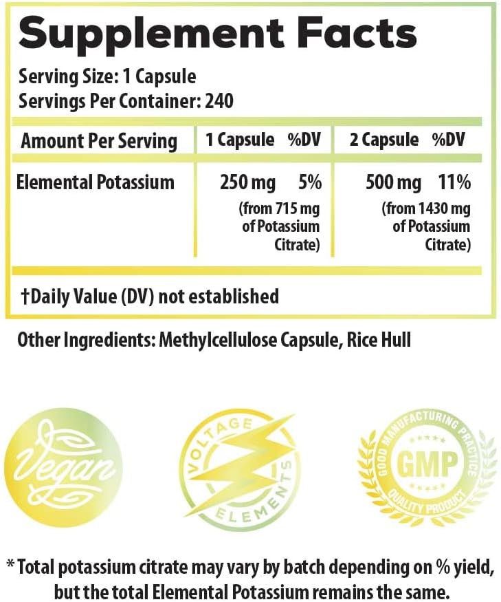 High Potency Potassium Citrate 1400mg – Potassium Supplement for Electrolyte Balance, Heart, Muscle & Nerve Function – Elemental Potassium 500mg – Vegan – 240 Capsules
