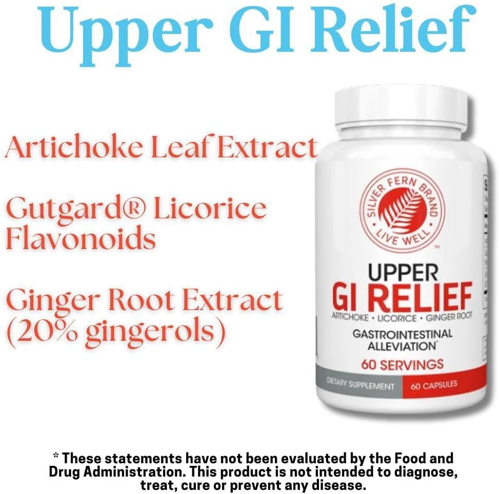 Silver Fern GI Relief - Natural Herbal Supplement 1 Bottle - 60 Capsules | 30-Day Supply All Natural With Artichoke Leaf Extract, Ginger Root Extract, and GutGuard Licorice Flavonoids.