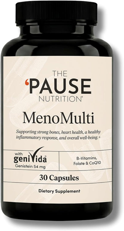 The 'Pause Life MenoMulti, Bone, Hair & Skin + Genistein, 30 Capsules | Biotin, B12, B6, folate & geniVida genistein formula for women. Supports hair, nails, skin, heart & bone health. Gluten free.