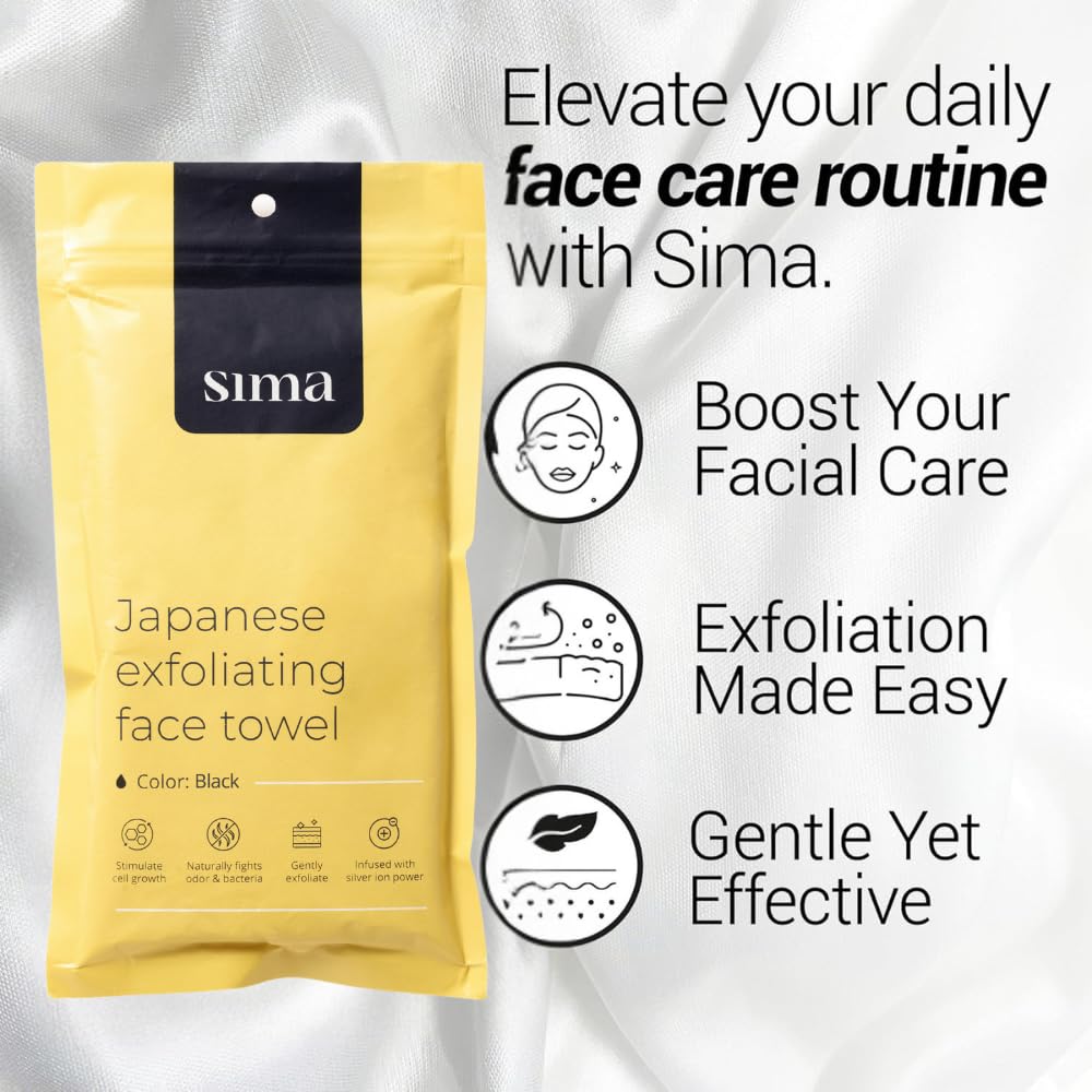 Exfoliating Washcloth Face & Body Scrub Towel - Japanese Exfoliating Towel with Hexagon Fibers, Body Scrubber with 2 Sides for Scrubbing & Washing (Black, 27cm x 35cm)