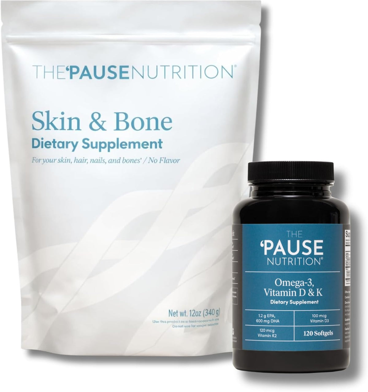 The 'Pause Life Skin & Bone + Omega 3 D3 K2 Bundle, Collagen & Fish Oil | Collagen peptides with hyaluronic acid & vitamin C + omega 3 fish oil with D3 & K2. Gluten free daily wellness bundle.