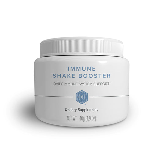 White container of immune shake booster dietary supplement on a white background