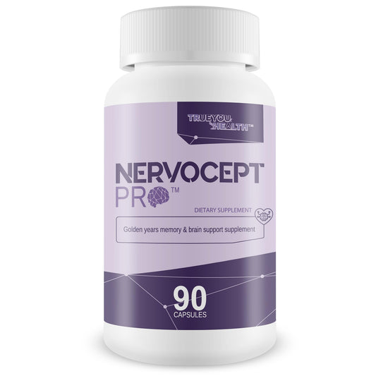 Supplement bottle labeled 'Nervocept Pro' with purple and white design on a white background