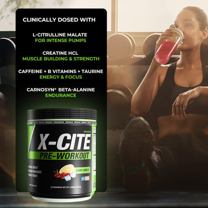 X-CITE Pre-Workout by ATHLEAN-X - Enhanced Formula with Beta-Alanine, Creatine & Caffeine for Ultimate Energy, Endurance, Focus & Muscle Pump, NSF Certified for Sports (Cherry Lemon Ice)