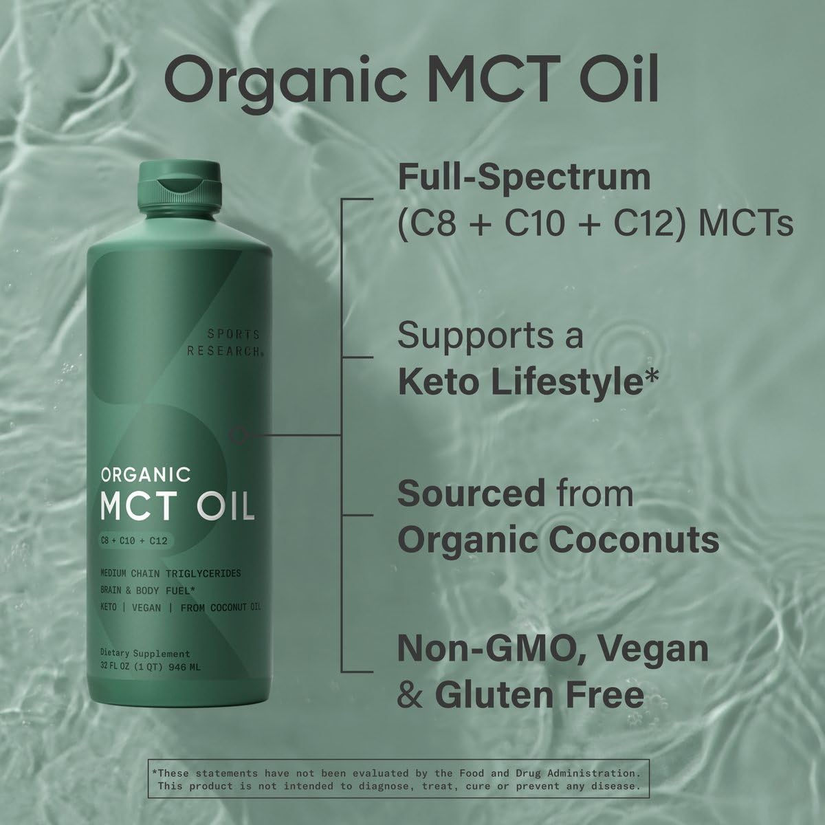 Sports Research Organic MCT Oil - Keto & Vegan MCTs C8, C10, C12 from Coconuts - Fatty Acid Brain & Body Fuel, Non-GMO & Gluten Free - Flavorless Oil, Perfect in Coffee, Tea & Protein Shakes - 32 oz
